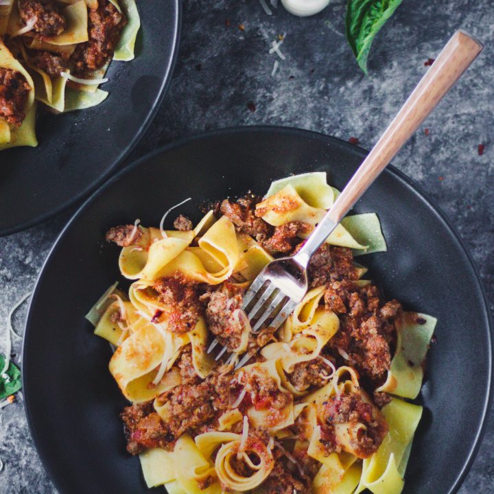 A simple slow-cooked elk bolognese sauce, the perfect hearty sauce for your elk harvest. #wildgame #elkmeat #elkbolognese