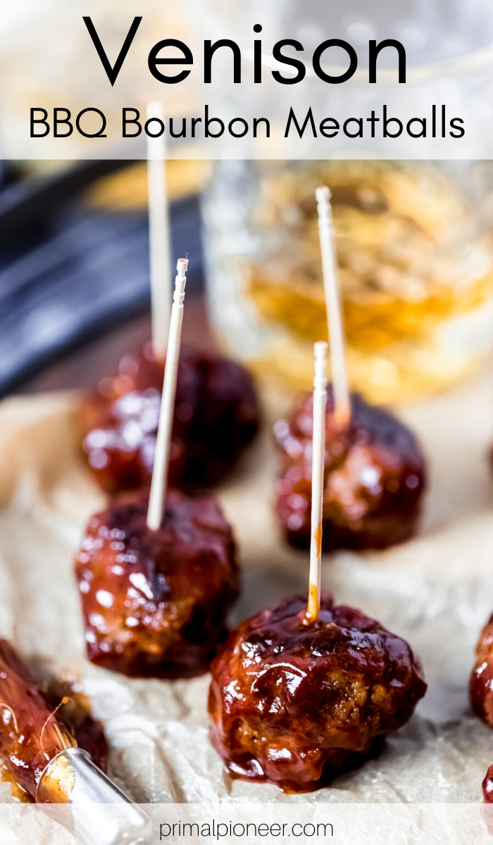 BBQ bourbon venison meatballs served with toothpicks on a tray
