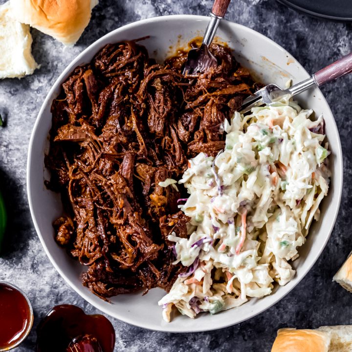 a bowl of Elk BBQ brisket and spicy slaw