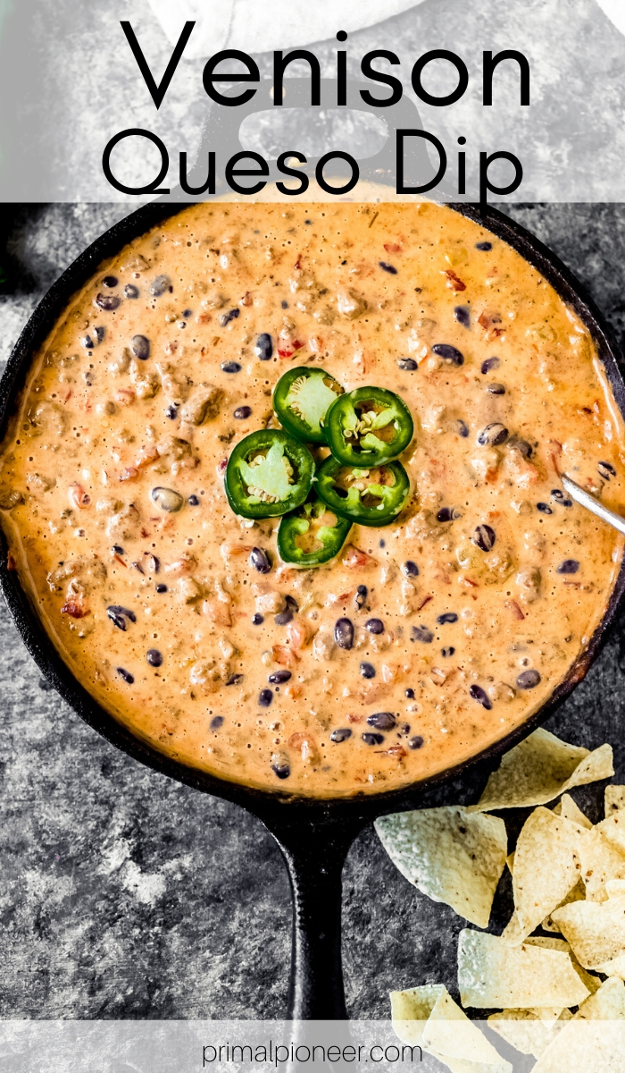 a cast iron skillet filled with loaded venison queso dip
