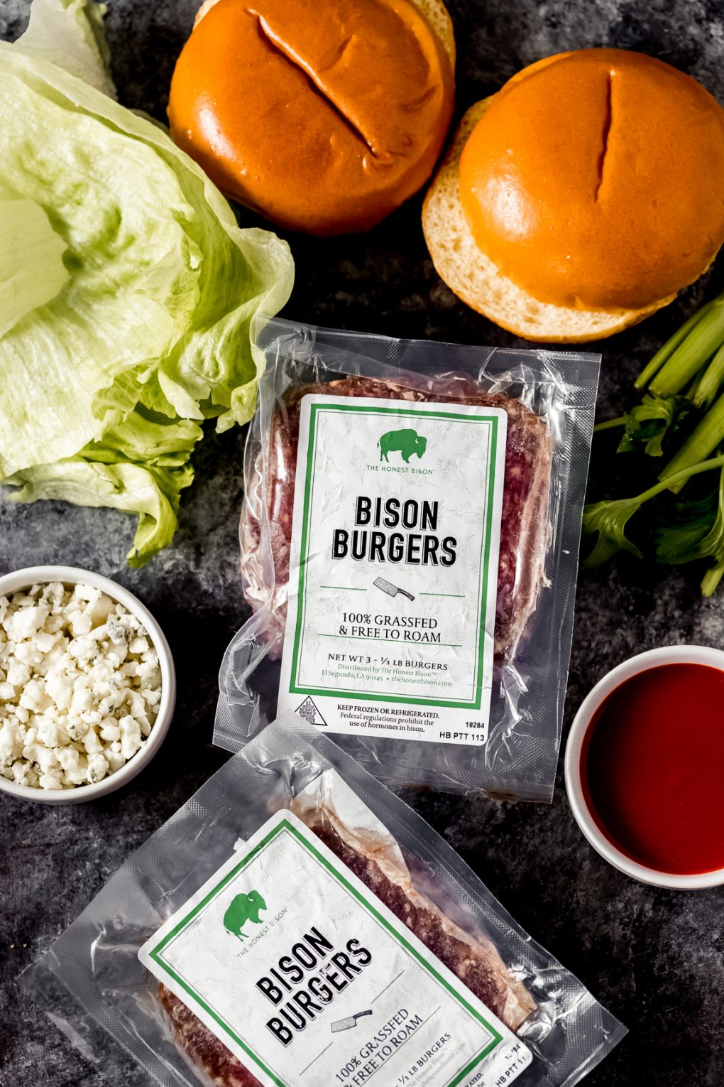ingredients to make spicy buffalo bison burgers