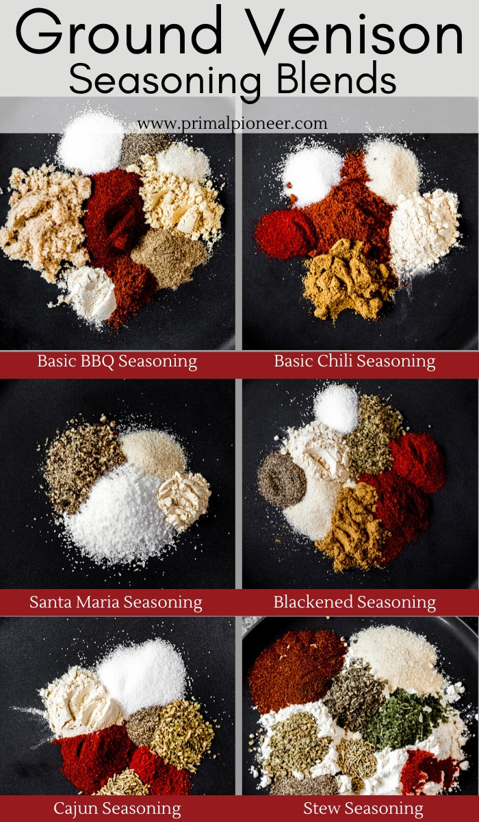 a collage of six different ground venison seasonings for ground deer meat