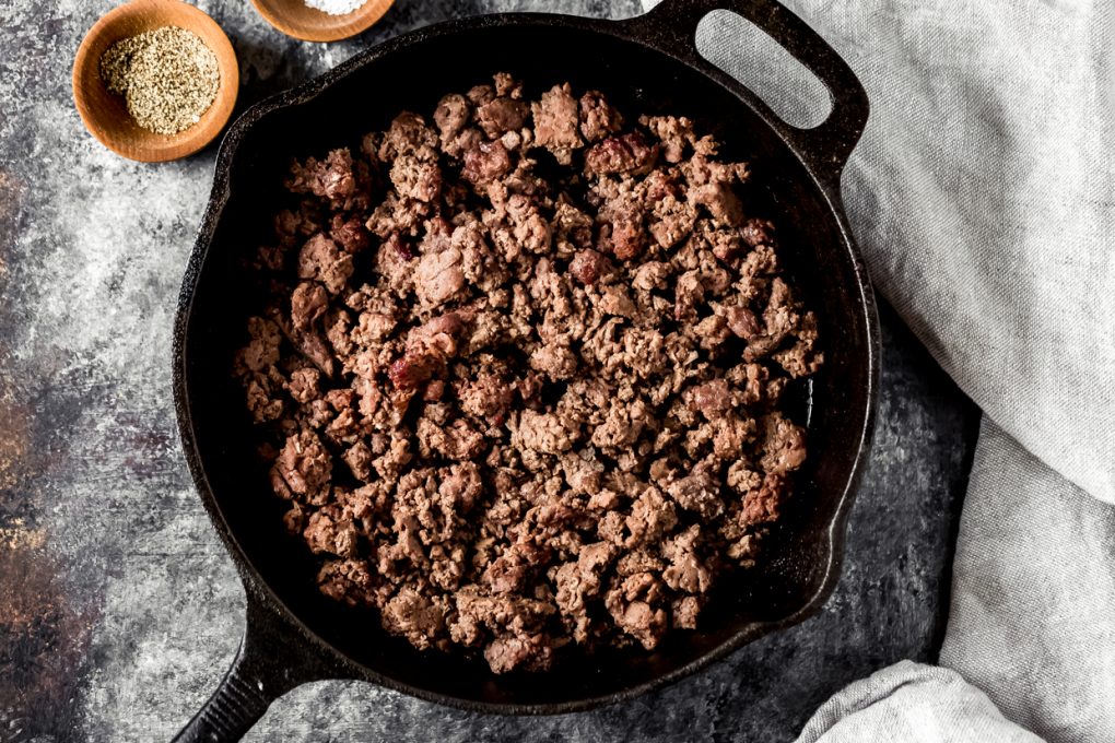 a skillet of smoked ground venison
