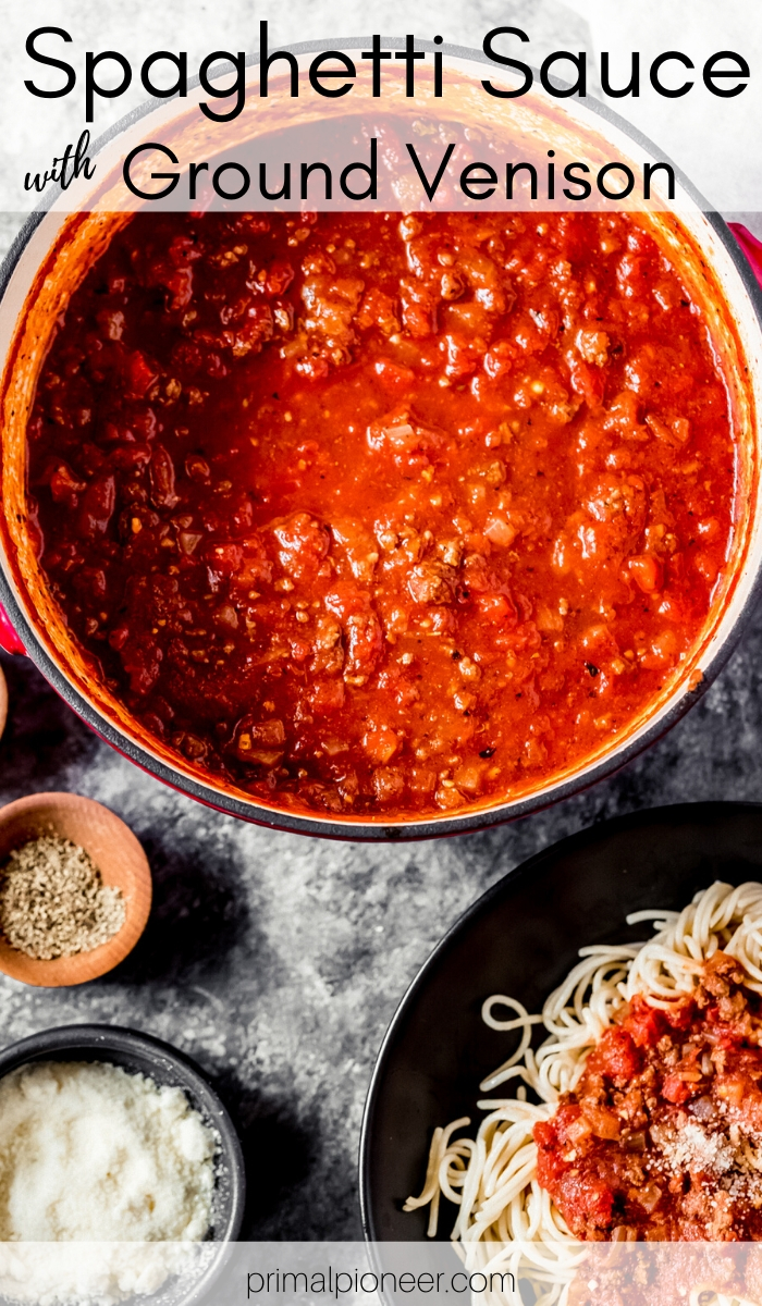 a Dutch oven with spaghetti sauce made with ground venison and a bowl of spaghetti