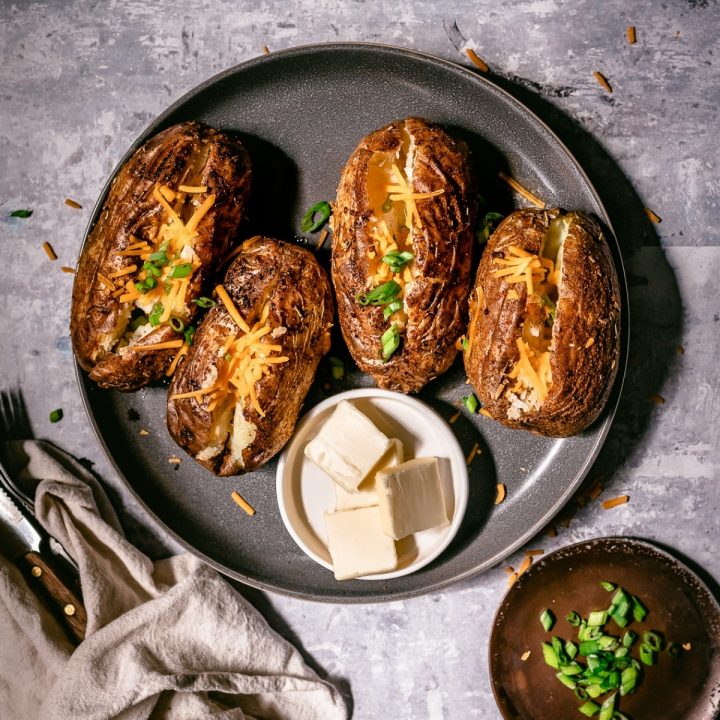 a plate of Traeger baked potato