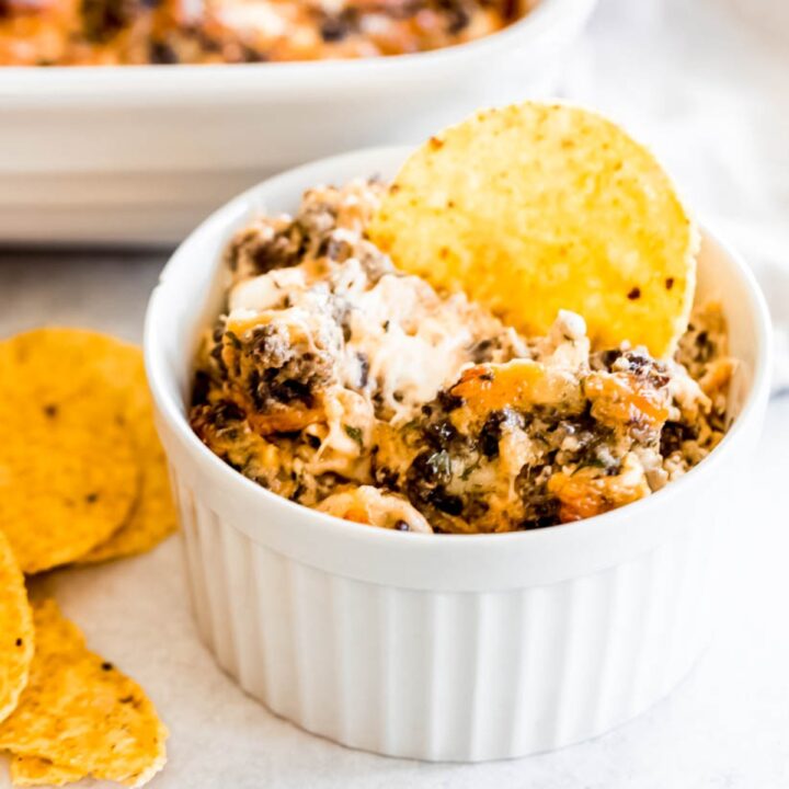 venison sausage dip in a small bowl