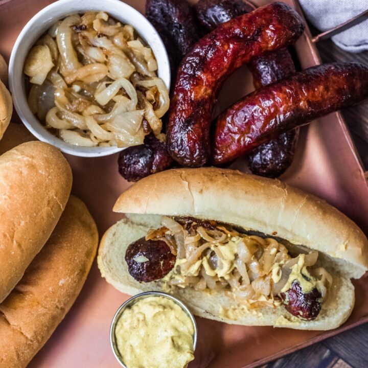 a platter of Traeger smoked brats